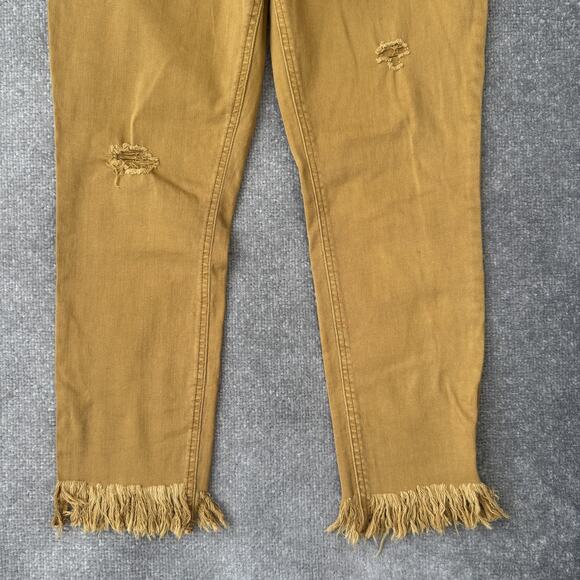Free People Jeans Womens 30 Yellow Mid Rise Skinny Fringe Hem Distressed Stretch - Picture 3 of 12
